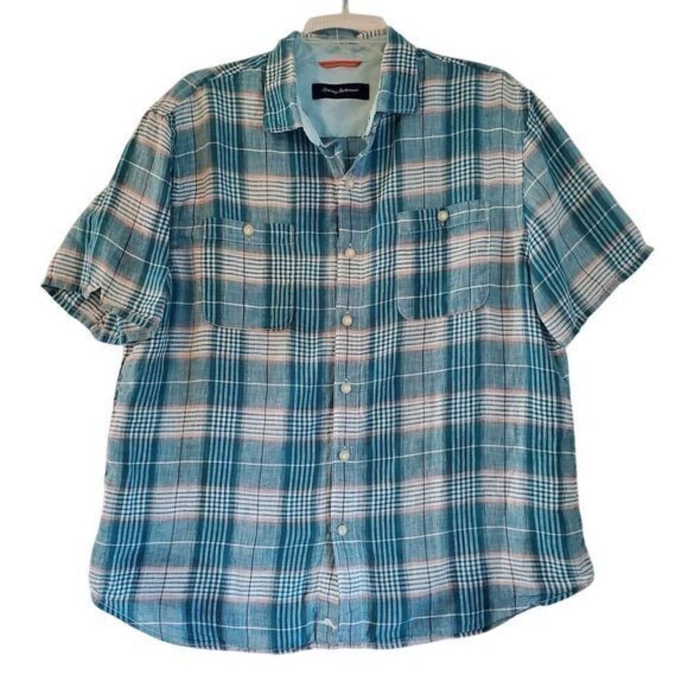Tommy Bahama Linen Shirt Mens Large Caldera Plaid Lightweight Coastal Beachy‎